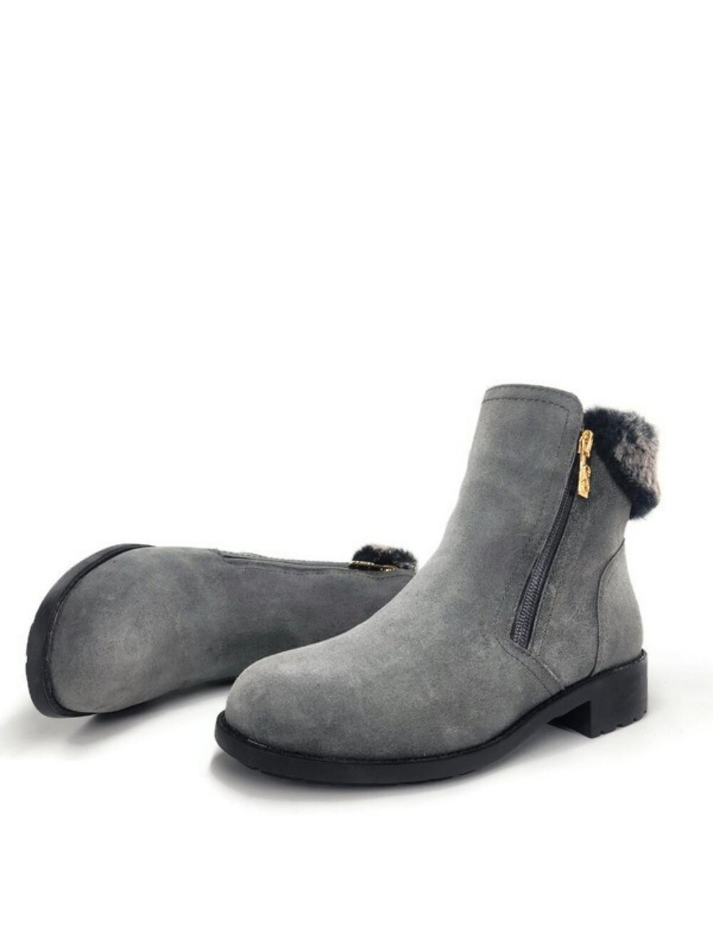 Cole Haan Quinney Grey Suede Faux Fur Waterproof Dual Zip Lug Sole Chelsea Boots
